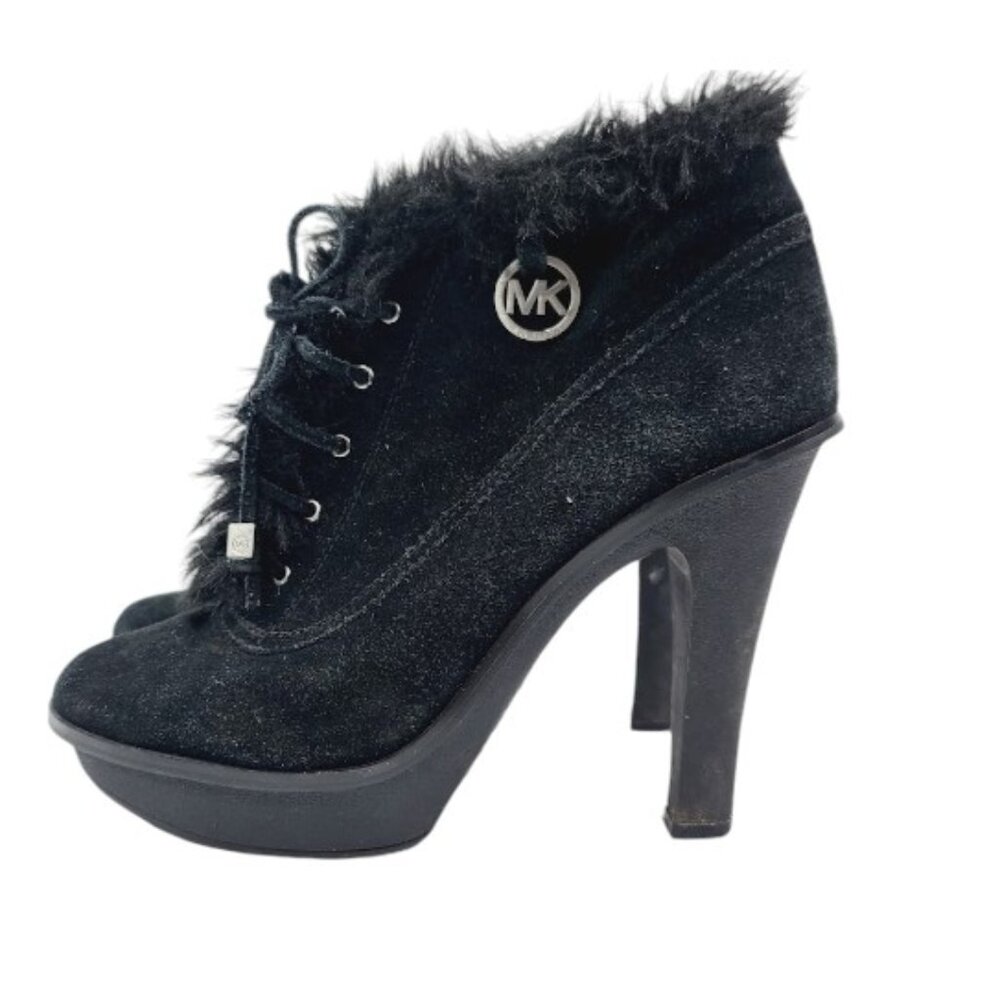Michael Kors Women's‎ Black Shearling Suede Lace Up Ankle Heeled Bootie Sz 9.5